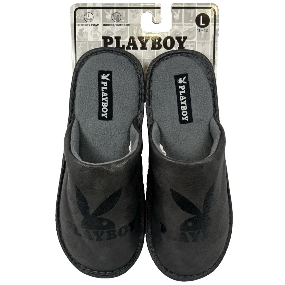 Playboy Bunny Slippers Men's Large 11-12 Black Faux Leather Indoor Outdoor
